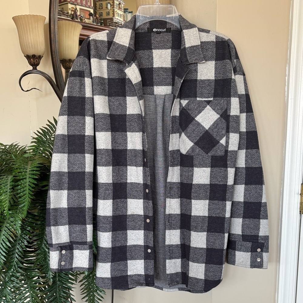 Ripcurl Black & Gray Flannel Shirt Button Down Plaid Fleece Shacket 90s Surfer